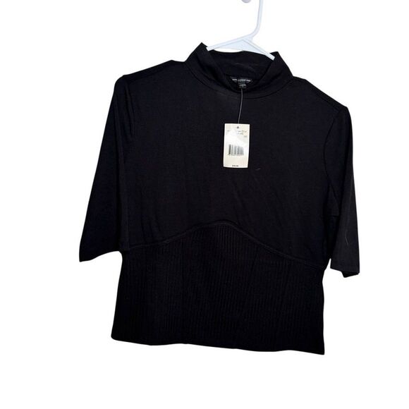 Guess T-Shirt Women's Large Black Cropped Short Sleeve Solid Mixed Media NWT - Picture 1 of 9